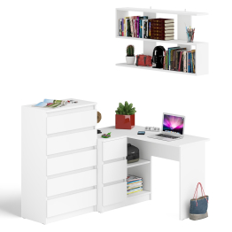 Угловой компьютерный стол Мори МС-16 левый с навесной полкой и высоким комодом на 5-ть ящиков