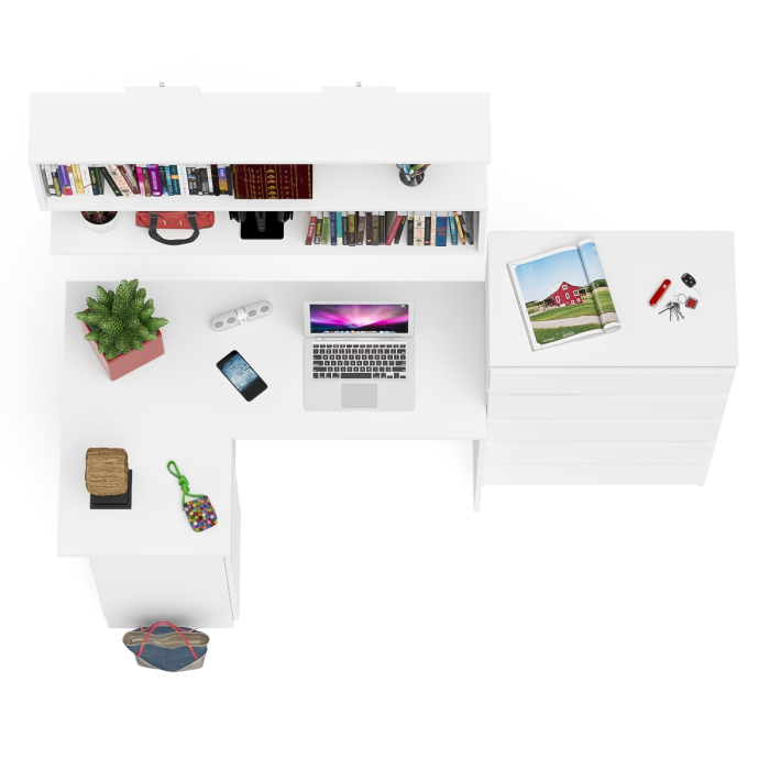 Домашние кабинеты, Угловой компьютерный стол Мори МС-16 левый с навесной полкой и высоким комодом на 5-ть ящиков