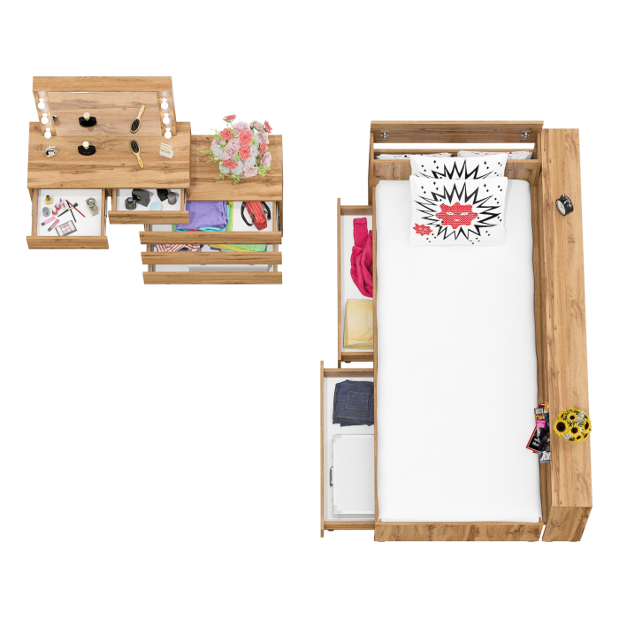 Спальные гарнитуры, Столик косметический с лампочками 110 и Ксения 900 односпальная кровать с ящиками и прикроватным блоком