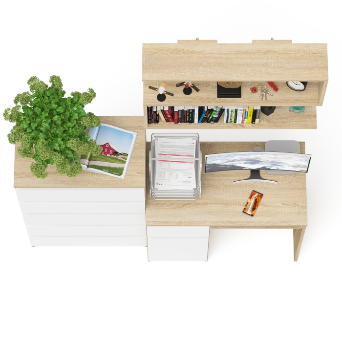 Прямые компьютерные столы, Стол компьютерный Мори с тумбой слева с высоким комодом МК700-5 и полкой 900