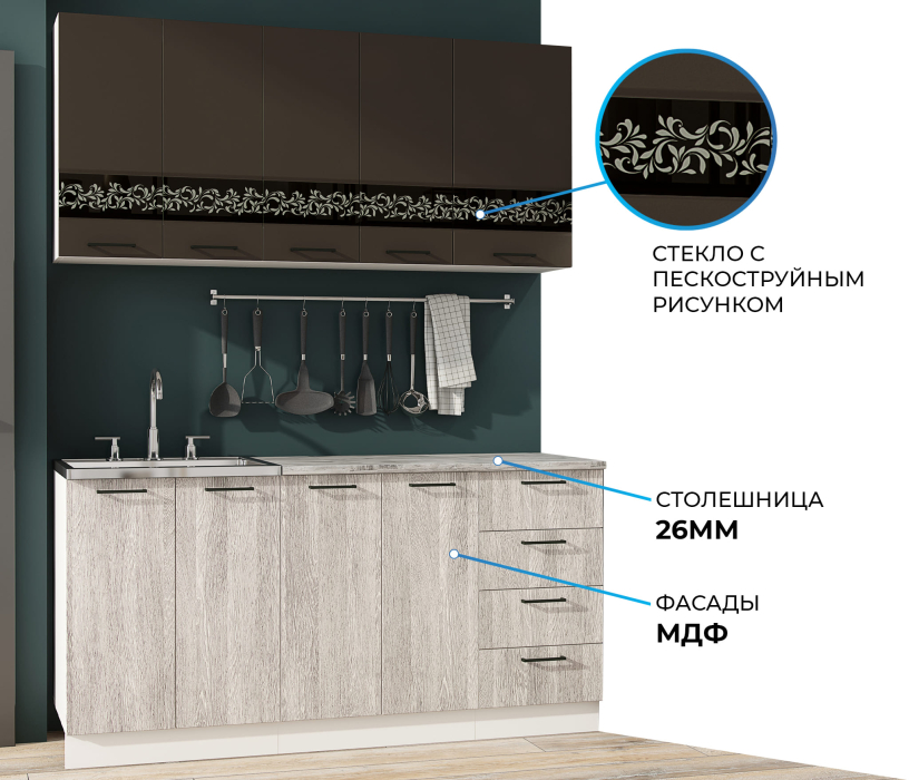 Кухонные гарнитуры, Кухня Милена 1,6 м Смоки софт/Вяз МДФ