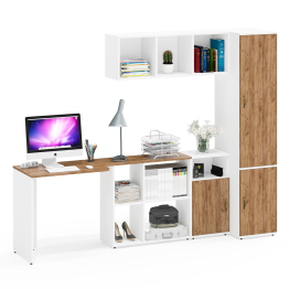 Компьютерный стол с нишами с навесной полкой Лидер-8 и тумбочкой 3.19 с пеналом для одежды