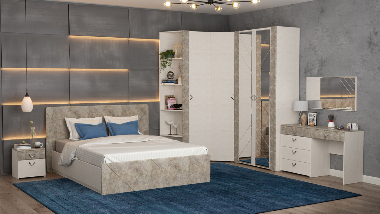 Модульные cпальни, Спальня Амели № 7 шёлковый камень/бетон чикаго беж, 9 предметов мебели