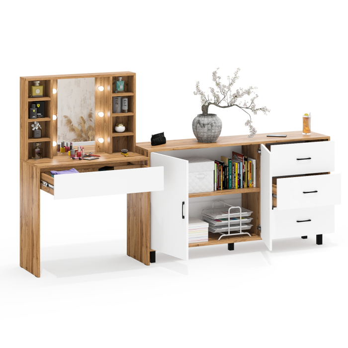 С зеркалом, Косметический cтол с подсветкой и ящиком 115 и комод 123-1604