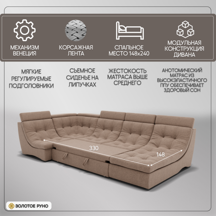 Диваны угловые в гостиную, П-образный диван Монако-4 ППУ, велюр