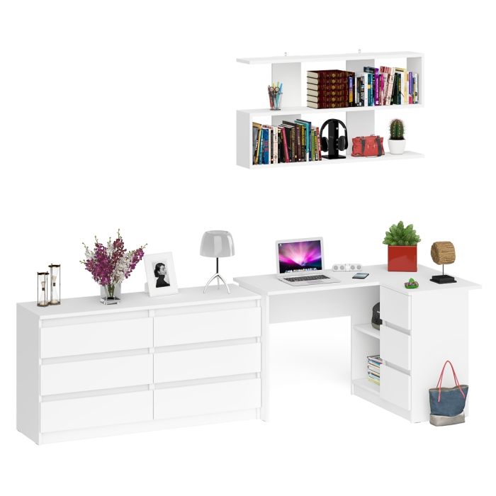 Домашние кабинеты, Комод широкий 6-ть ящиков Мори МК1380.6 с угловым компьютерным столом МС-16 правым и открытой книжной полкой