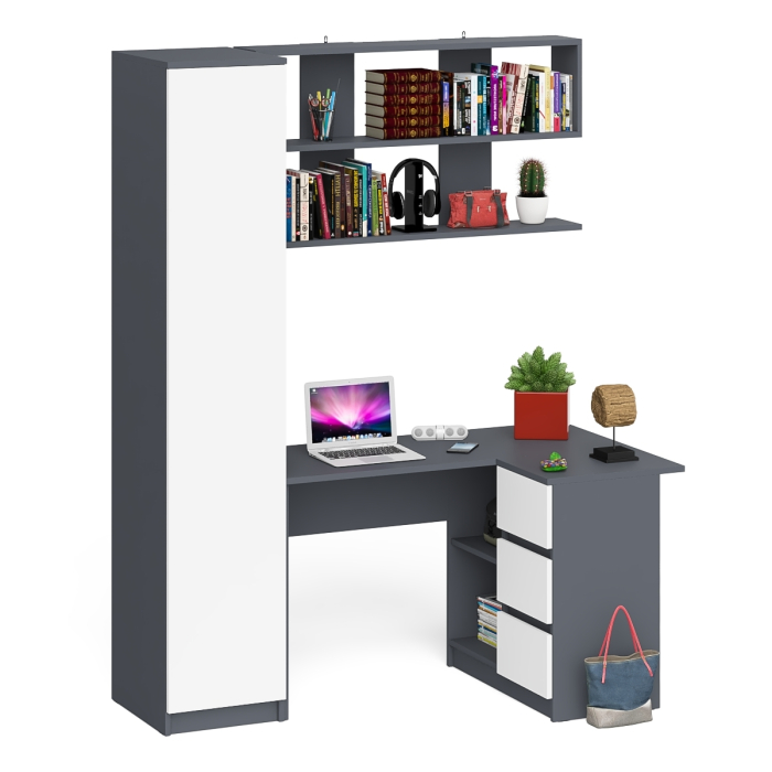 Домашние кабинеты, Стол угловой компьютерный Мори МС-16 правый с пеналом с полками и навесной открытой полкой 1200