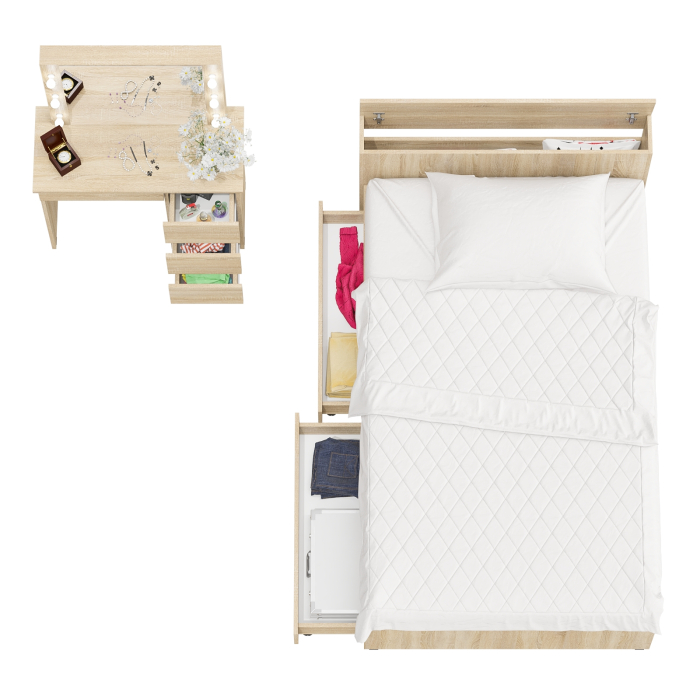 Спальные гарнитуры, Кровать с ящиками полутораспальная Ксения 1200 и туалетный столик с подсветкой Сура