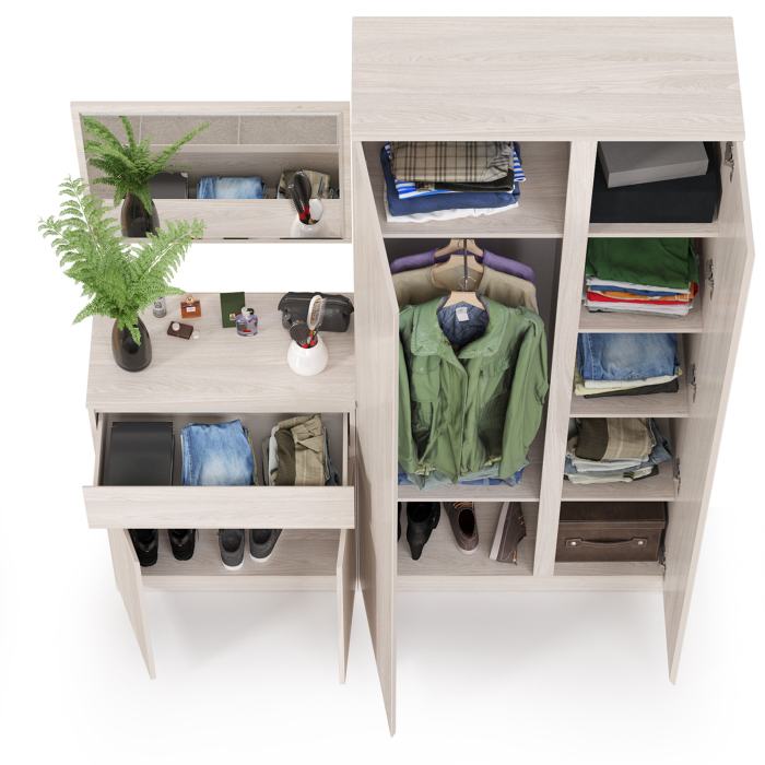 Прихожая, Шкаф для одежды с зеркалом внутри с комодом и зеркалом Ника