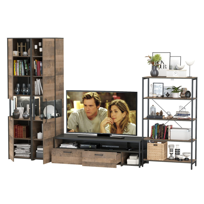 Стенки для гостиной, Шкаф-пенал-витрина с подсветкой с открытым стеллажом и тумбой для телевизора Трувор