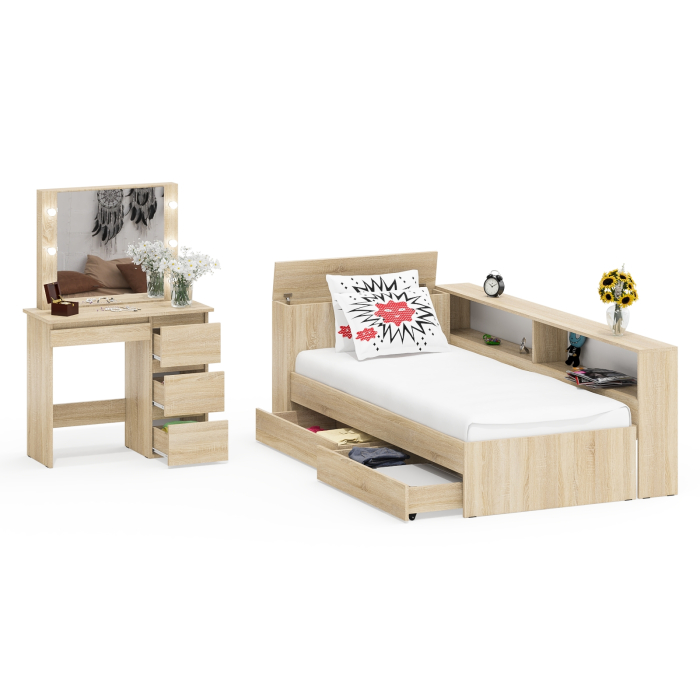 Спальные гарнитуры, Кровать с ящиками с прикроватным блоком для вещей Ксения 900 и столик косметический с подсветкой Сура