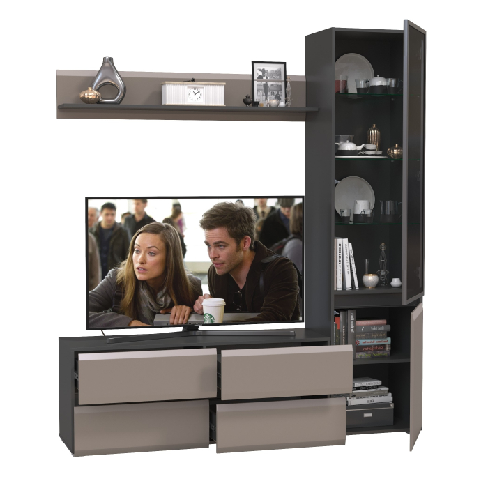 Стенки для гостиной, Шкаф-витрина с навесной полочкой и тумба для ТВ Сидней
