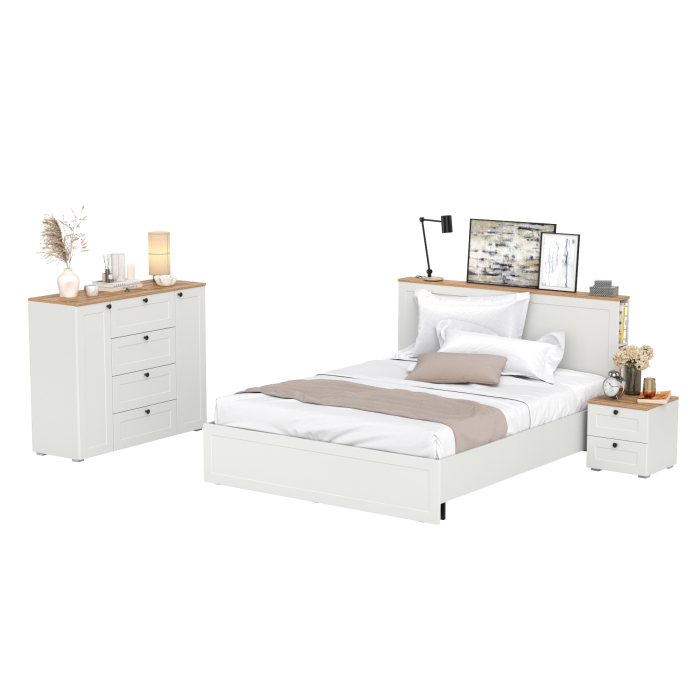 Спальные гарнитуры, Кровать Остин 1600 с ортопедическим основанием с тумбой-комодом и тумбой прикроватной