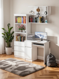 Рабочее место из стола компьютерного МС-1 левый со стеллажоми и настенной полкой Мори