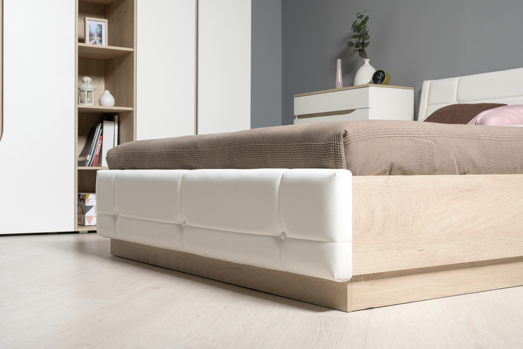 Спальные гарнитуры, Кровать Муссон с подъёмным основанием и тумбой белый/дуб эндгрейн/иск.кожа белая