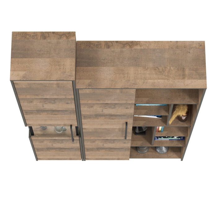 Стенки для гостиной, Шкаф-пенал с витриной с подсветкой и высокий шкаф-стеллаж Трувор