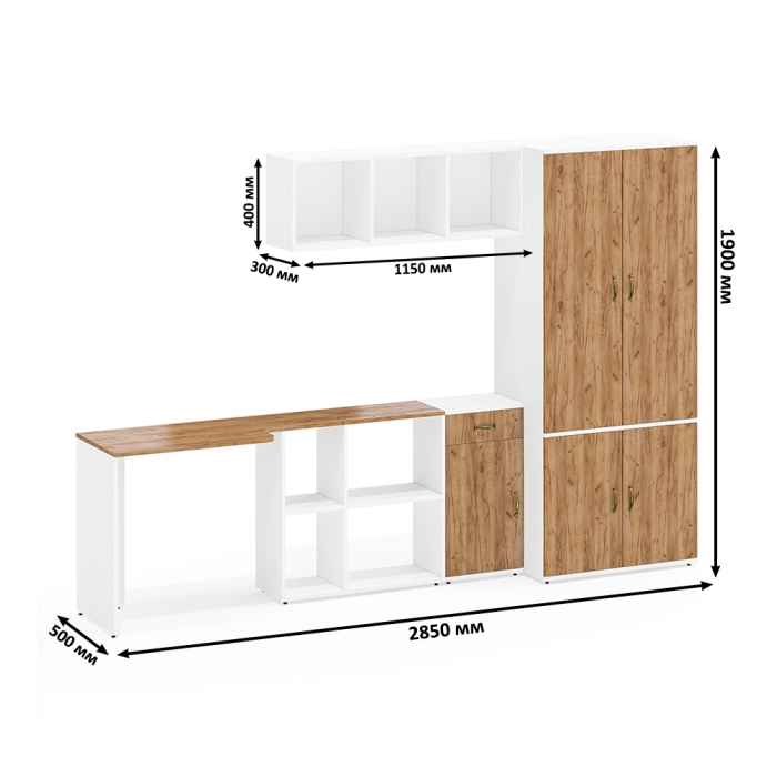 Домашние кабинеты, Настенная полка для книг Лидер-8 с рабочим столом с нишей с тумбочкой 3.15 и шкафом 19Б