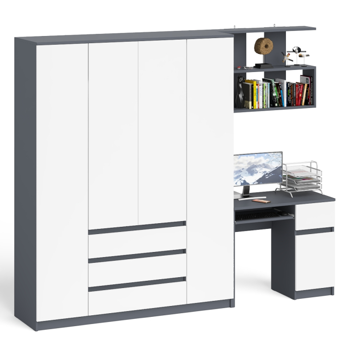 Домашние кабинеты, Стол компьютерный с тумбой справа с большим шкафом Мори МШ1600.1 и полкой открытой