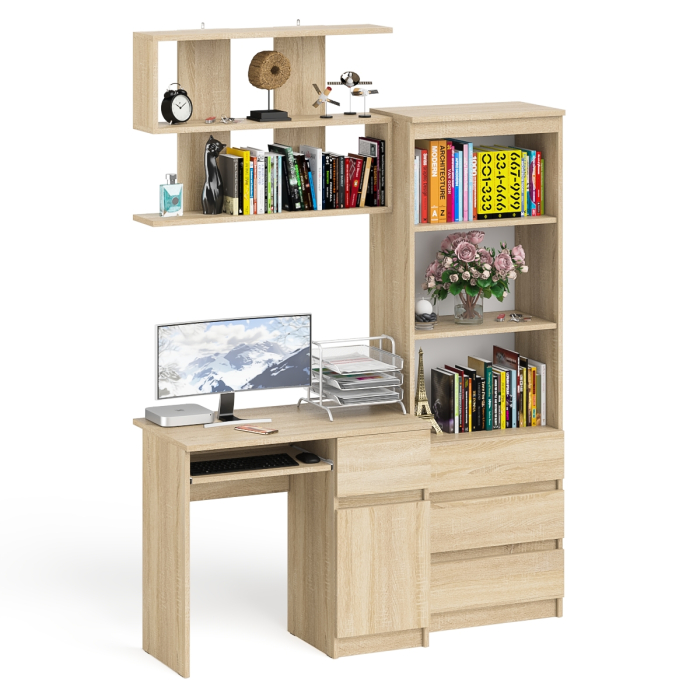Прямые компьютерные столы, Стол компьютерный Мори МС-1 правый с навесной полкой и стеллаж-комодом 600.3