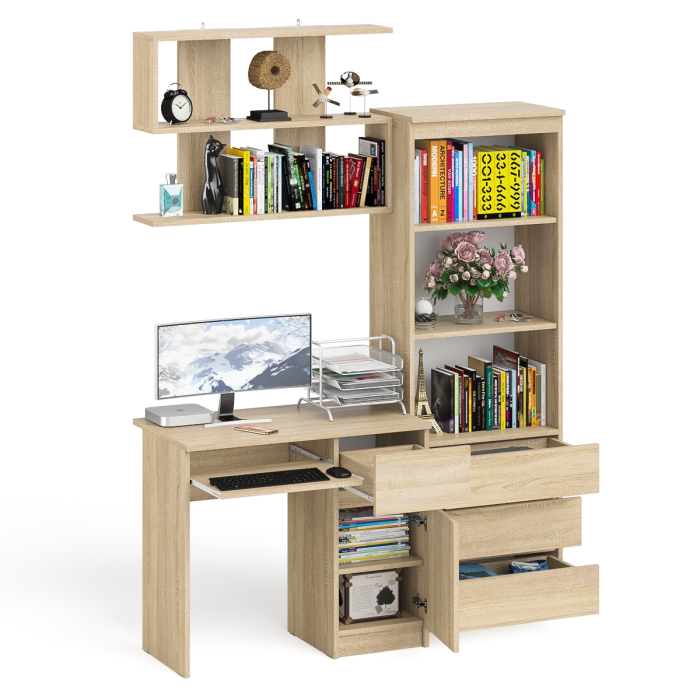 Прямые компьютерные столы, Стол компьютерный Мори МС-1 правый с навесной полкой и стеллаж-комодом 600.3