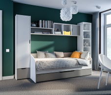 Mika / Мика, Mika / Мика детская Белый/Серый (пенал, стеллаж, полки, кровать с основанием и ящиком)