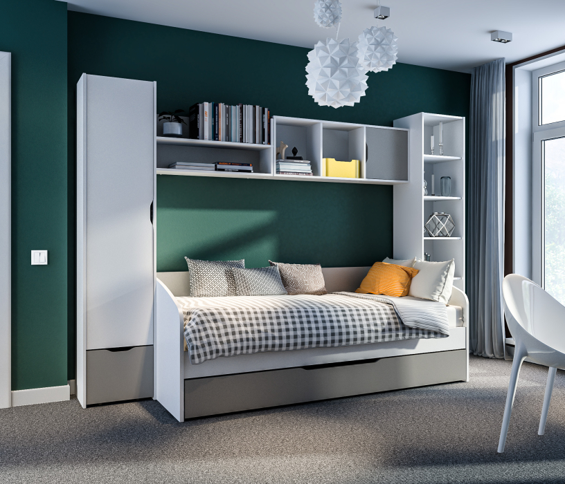 Mika / Мика, Mika / Мика детская Белый/Серый (пенал, стеллаж, полки, кровать с основанием и ящиком)