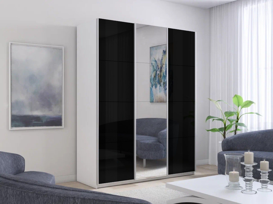 Шкафы-купе 3-х дверные, Шкаф-купе Прайм 3-х дверный Стекла черные/Зеркало/Доводчики 210х57х230