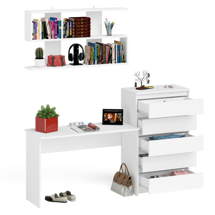 Прямые компьютерные столы, Комод высокий Мори пять выдвижных ящиков со столом для работы на 1200 и навесной полкой 1200