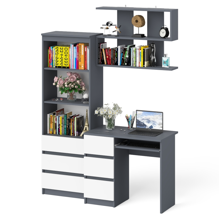 Прямые компьютерные столы, Стол для работы три ящика слева Мори с навесной полкой на 900 и стеллаж-комод три ящика