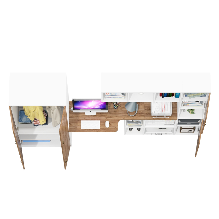 Домашние кабинеты, Стол-трансформер письменный с настенной полкой для книг Лидер-8 с глубоким шкафом и пеналом с нишей