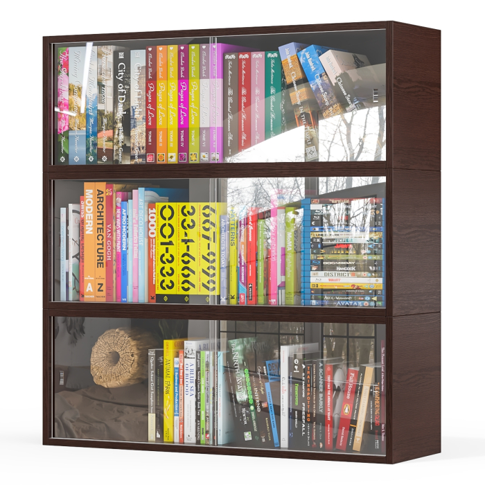 Настенные полки, Три книжные полки КН1 со стеклянными сдвижными дверками