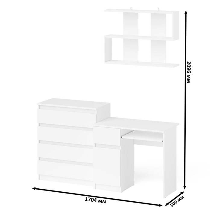 Прямые компьютерные столы, Комод четыре ящика Мори 800-4 со столом компьютерным с тумбой слева и полкой 900