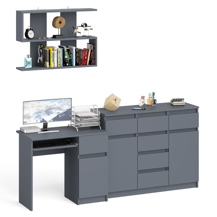 Домашние кабинеты, Тумба-комод Мори МК1200.4 с компьютерным столом МС-1 правый и открытой навесной полкой
