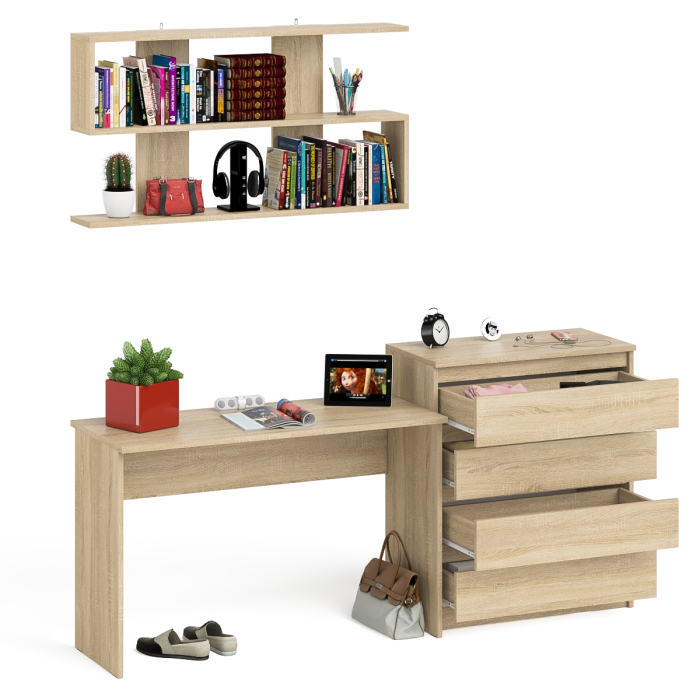 Прямые компьютерные столы, Комод Мори четыре ящика МК800.4 с письменным столом с навесной полкой на 1200