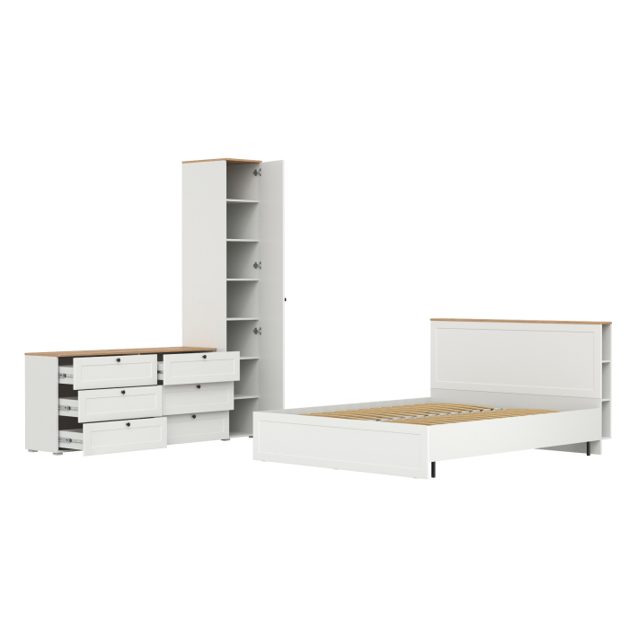 Спальные гарнитуры, Бельевой шкаф-пенал Остин с кроватью с основанием и комодом на 6-ть ящиков