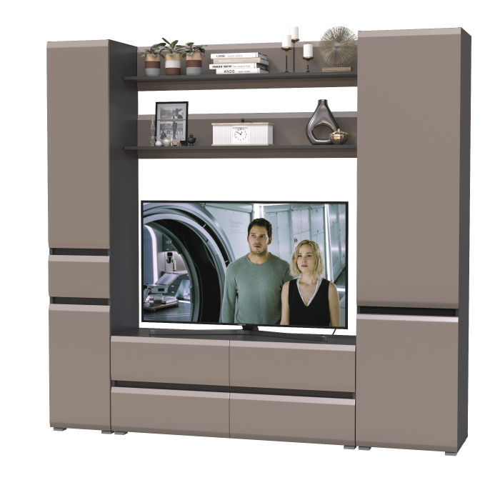 Стенки для гостиной, ТВ-тумба с двумя полочками и шкафом с ящиком и шкафом с полками внутри Сидней