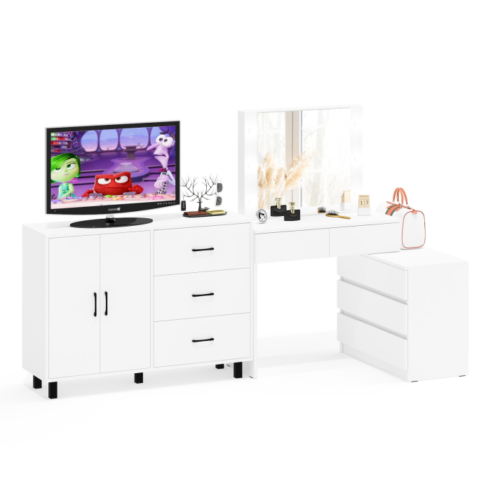 С зеркалом, Стол косметический с подсветкой 110 и тумба-комод с тремя ящиками и дверками 123-1204