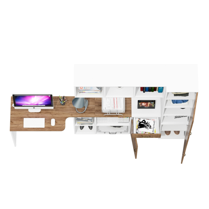 Домашние кабинеты, Пенал для белья с пятью полками Лидер-8 со столом для письма с полкой и тумбой