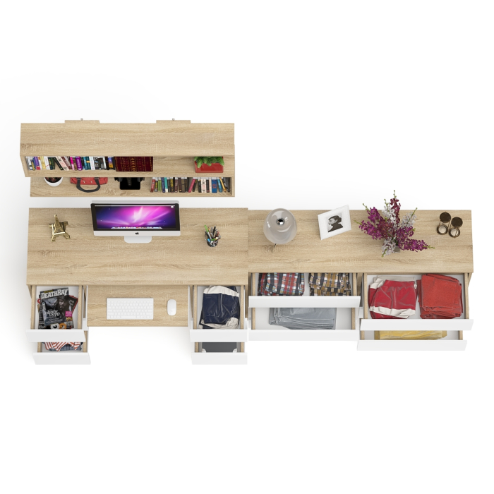 Домашние кабинеты, Стол компьютерный ящики слева и справа Мори МС-2 с комодом и полкой навесной