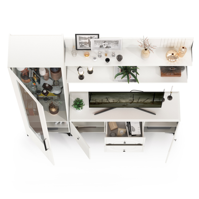 Стенки для гостиной, Тумба под ТВ с пеналом и двумя навесными полками Валенсия № 56