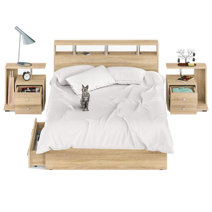 Спальные гарнитуры, Кровать с ящиками Камелия 1400 с двумя прикроватными тумбами