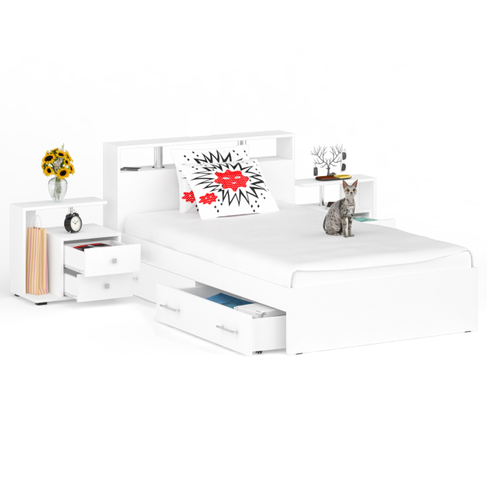 Спальные гарнитуры, Кровать с ящиками Камелия 1200 с двумя прикроватными тумбами