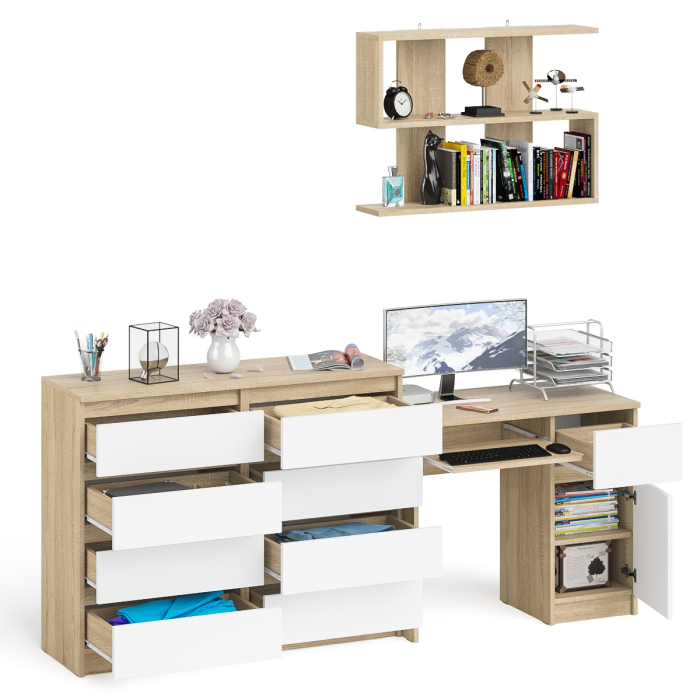 Домашние кабинеты, Большой комод на восемь выдвижных ящиков со столом МС-1 правый и полкой Мори 900