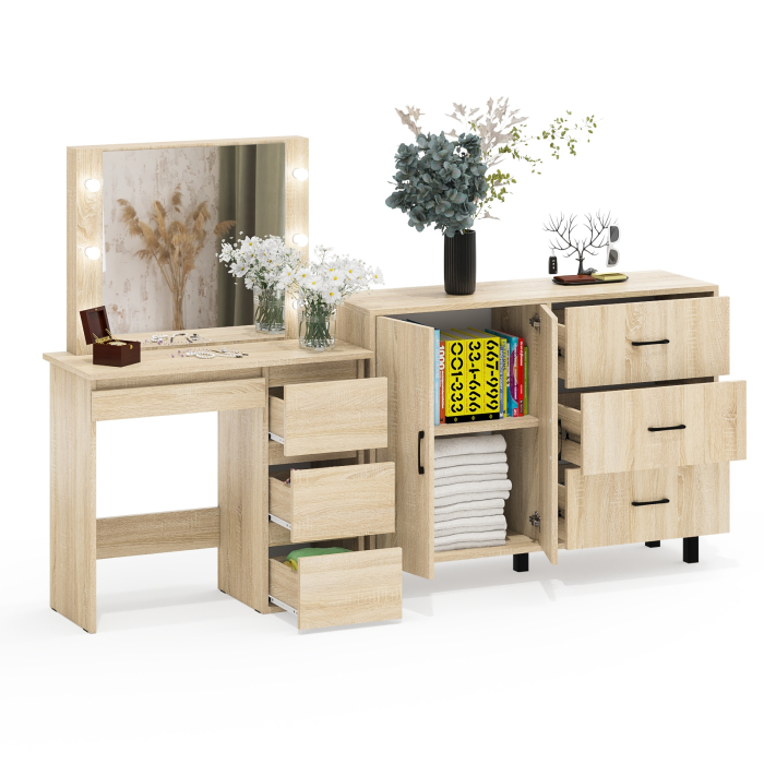 С зеркалом, Комод-тумба 123-1204 и столик косметический с подсветкой и зеркалом Сура