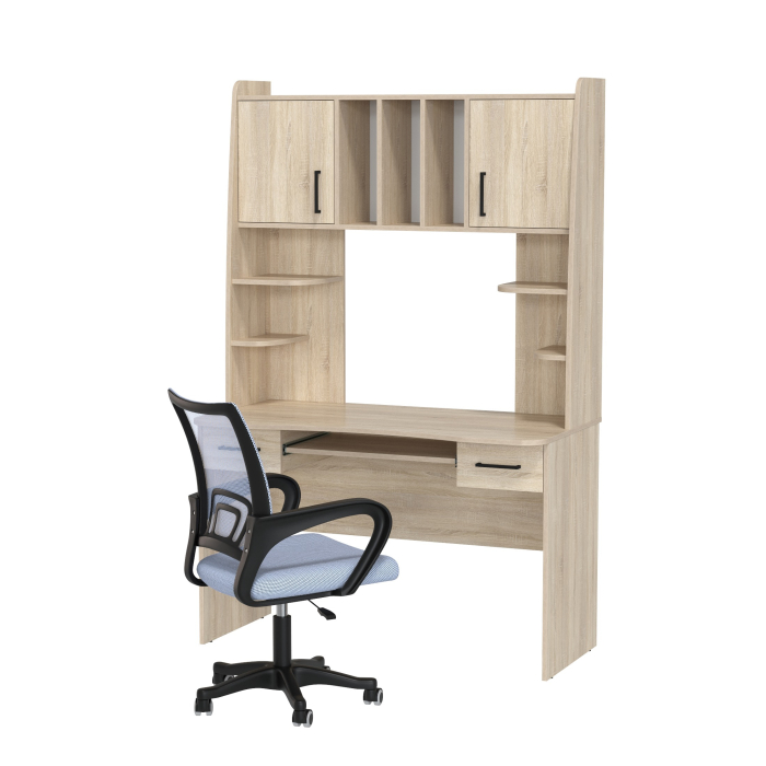 Прямые компьютерные столы, Компьютерный стол с надстройкой Бета и кресло компьютерное серое