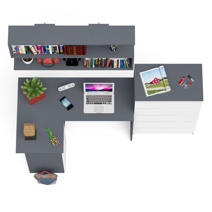 Домашние кабинеты, Угловой компьютерный стол Мори МС-16 левый с навесной полкой и высоким комодом на 5-ть ящиков