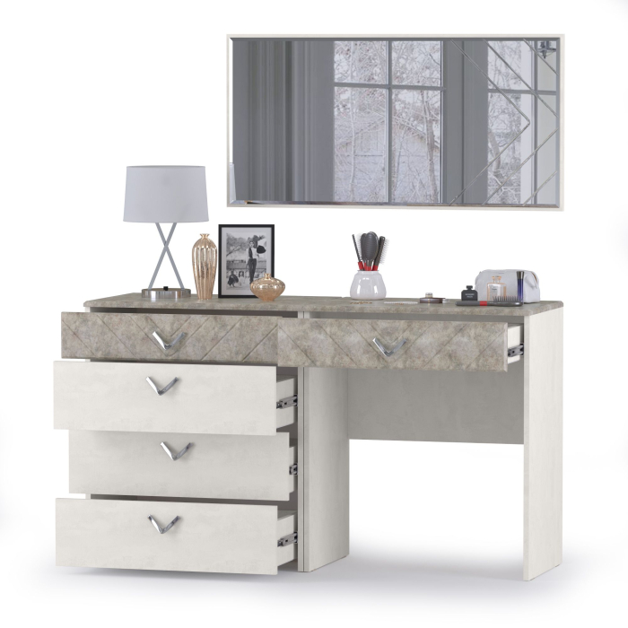 Туалетные столики, Стол туалетный с комодом и зеркалом Амели 13.106+12.48+Зерк шёлковый камень/бетон чикаго беж