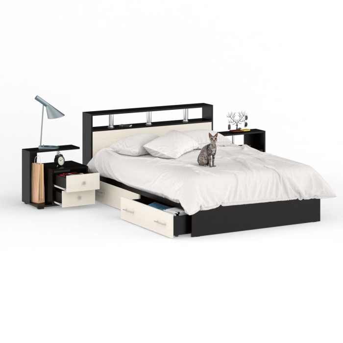 Спальные гарнитуры, Кровать с ящиками Камелия 1400 с двумя прикроватными тумбами