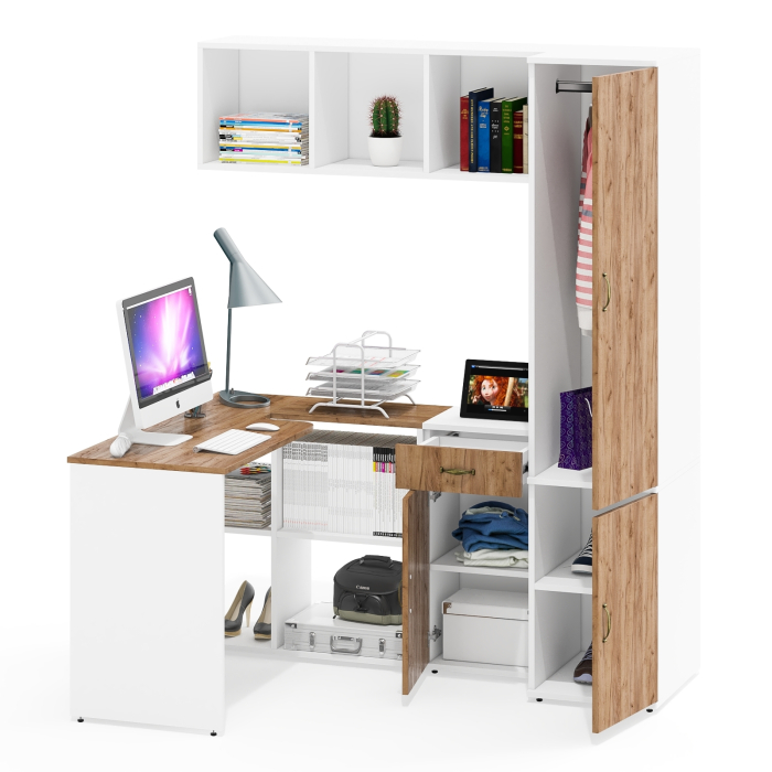 Домашние кабинеты, Мебель для домашнего офиса Лидер-8 из стола с полкой сверху и пенала для одежды с тумбочкой 3.15