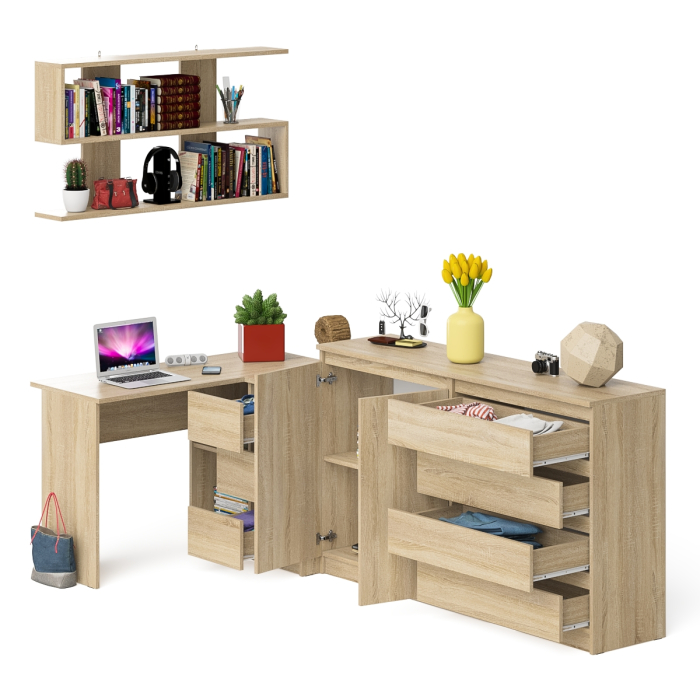 Домашние кабинеты, Тумба-комод МК1600.1 Мори с навесной книжной полкой и угловой компьютерный стол МС-16 правый